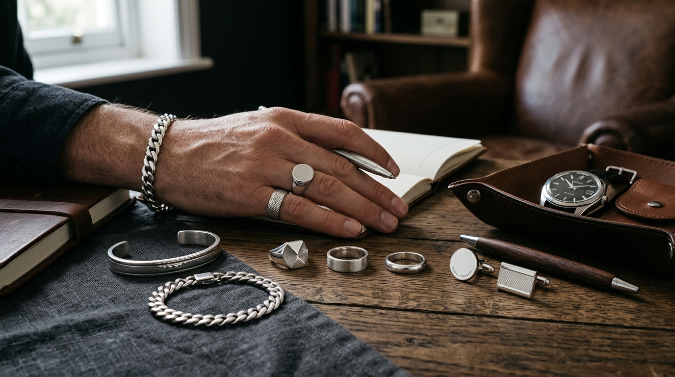 A stylish man wearing a classic silver bracelet and designer watch in a corporate setting