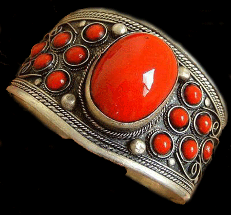 Red Coral Tibet Silver Cuff Bracelet