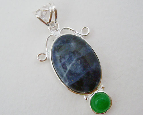 African Sodalite and Jade Silver Pendant